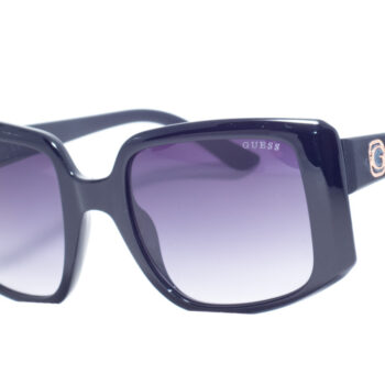 Guess GU 00097 01B 53 sunglasses with glossy black oversized square frames, purple gradient lenses, and a rose gold 'G' logo on the temples.