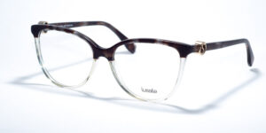 Lussile LS 32300 LN07 prescription glasses with a half-rim design featuring dark tortoiseshell on the upper part and clear acetate on the lower part, detailed with a small gold logo on the temples