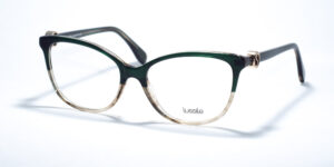 Lussile LS 32301 LN06 prescription glasses with an elegant cat-eye shape, featuring a deep green upper frame that transitions to transparent beige on the lower half, complemented by a delicate gold hinge detail.