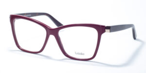 Lussile LS 32319 LN06 prescription glasses with large, rectangular frames in a deep burgundy color, featuring elegant metallic accents on the temples for a sophisticated look.