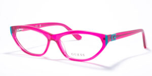 Guess GU 50146 prescription glasses with a cat-eye frame design, available in two colors: classic black with crystal accents and vibrant pink with turquoise detailing. These frames offer a playful yet elegant style, featuring the Guess logo on the temples.