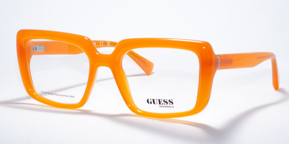 Guess GU 50152 prescription glasses featuring a bold rectangular frame, available in vibrant orange and classic black. These frames offer a modern, edgy style with a thick silhouette and the Guess Originals logo on the temples.