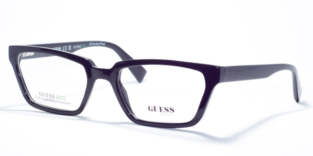 Guess GU 8280 prescription glasses featuring a rectangular frame design, available in two colors: vibrant pink and classic black. These eco-friendly frames, made from bio-based plastic, offer a modern and sustainable option with subtle branding on the temples.