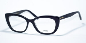 "Lussile 32344 prescription glasses with a sleek black cat-eye frame, featuring a subtle gold accent on the temples for an elegant and sophisticated look.