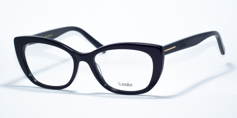 "Lussile 32344 prescription glasses with a sleek black cat-eye frame, featuring a subtle gold accent on the temples for an elegant and sophisticated look.