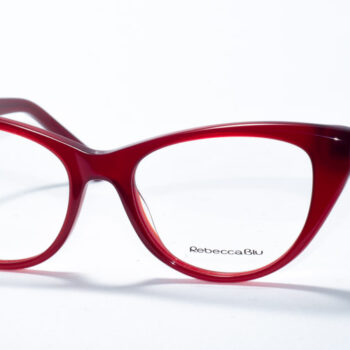 Rebecca Blu 7612 prescription glasses showcasing an elegant cat-eye frame in a bold, deep red color. This design exudes a chic, vintage-inspired vibe, perfect for adding a touch of sophistication to any look. The RB logo is subtly displayed on the temples, enhancing the stylish appeal.