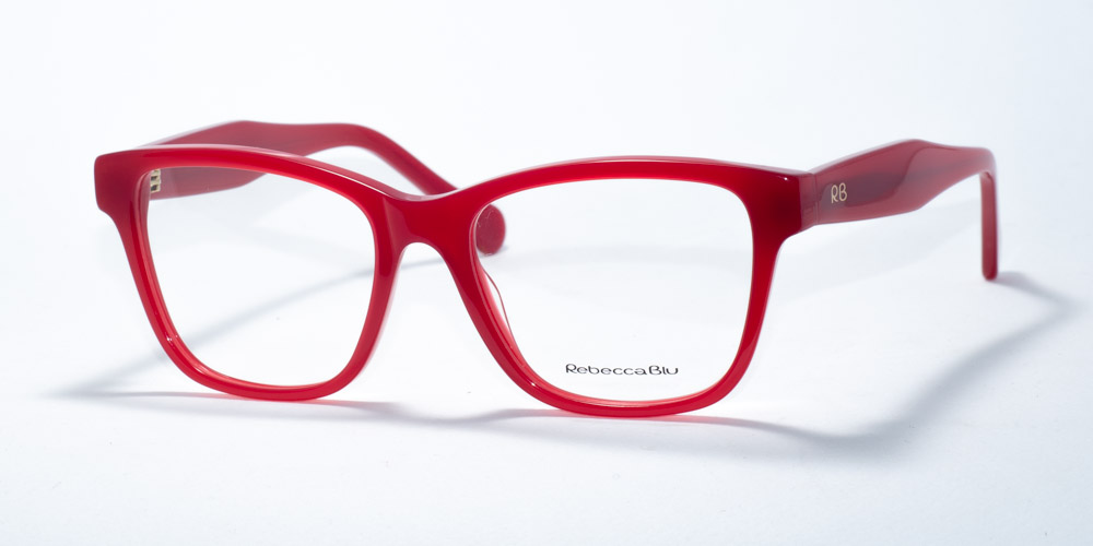 Rebecca Blu 7634 prescription glasses featuring a stylish square frame in a vibrant red hue. These frames offer a bold and contemporary look, perfect for making a statement. The RB logo is subtly positioned on the temples, adding a refined touch to the overall design.