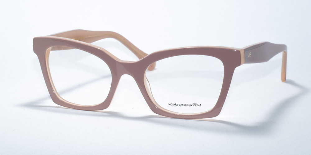 Rebecca Blu 7635 prescription glasses featuring a square frame design, available in two colors: a soft nude pink and a classic black. These frames offer a chic and sophisticated look, accented with the RB logo on the temples for a refined touch.