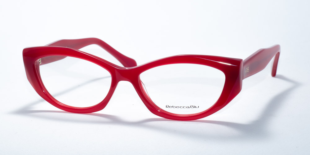 Rebecca Blu 7636 prescription glasses featuring an elegant cat-eye frame, available in two colors: bold red and deep black. These frames provide a classic and feminine style, accented with the RB logo on the temples for a touch of sophistication.