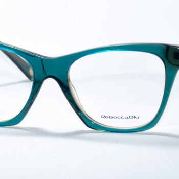 Rebecca Blu 7640 prescription glasses featuring a stylish rectangular frame in a translucent teal color. The design offers a modern and vibrant look, perfect for those seeking a bold yet sophisticated accessory. The RB logo is subtly displayed on the temples, adding a touch of elegance and brand recognition.