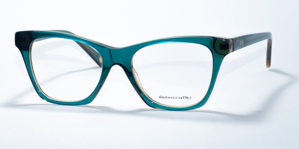 Rebecca Blu 7640 prescription glasses featuring a stylish rectangular frame in a translucent teal color. The design offers a modern and vibrant look, perfect for those seeking a bold yet sophisticated accessory. The RB logo is subtly displayed on the temples, adding a touch of elegance and brand recognition.