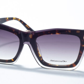 Rebecca Blu RB 7627 square-shaped eyewear featuring a sophisticated tortoiseshell pattern, paired with a gradient-shaded clip-on. The glasses offer a bold, stylish design with a unique blend of modern flair and classic elegance. The frame includes subtle gold accents on the temples, elevating its chic appearance while providing versatility with the removable clip-on for added sun protection.